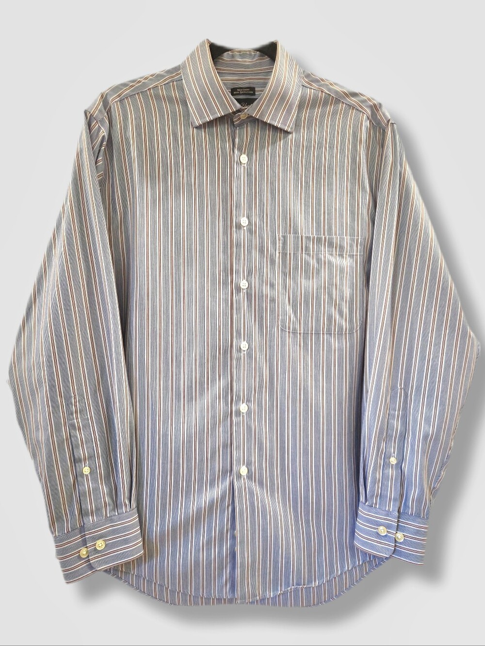 Pronto Uomo Non-Iron Striped Dress Shirt Blue Brown Cotton 15.5 32/33 Unisex